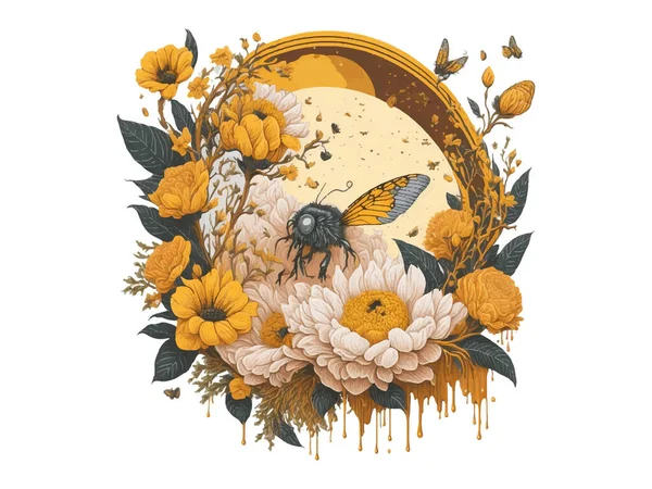 Υδατογραφία Floral Honey Moon Ιπτάμενη Μέλισσα Και Ηλιοτρόπιο Διανυσματική Απεικόνιση — Διανυσματικό Αρχείο