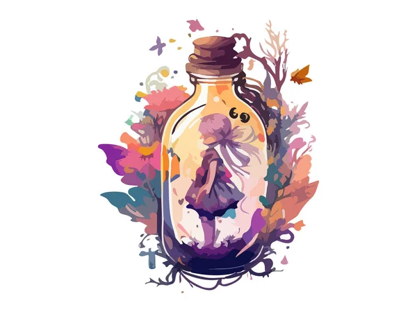 Älva Flaska Dekorerad Med Blommor Akvarell Vektor Illustration — Stock vektor