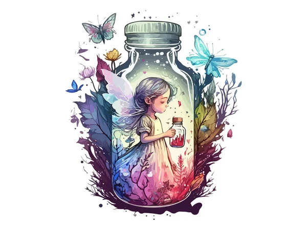 ボトルの妖精 花で飾られ 水彩ベクトルイラスト — ストックベクタ