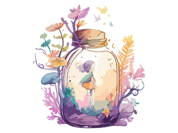 瓶子里的仙女 花朵装饰 水彩画 — 图库矢量图片