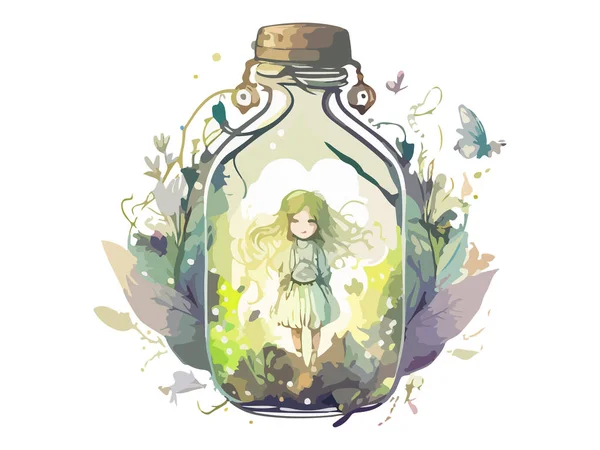 瓶子里的仙女 花朵装饰 水彩画 — 图库矢量图片