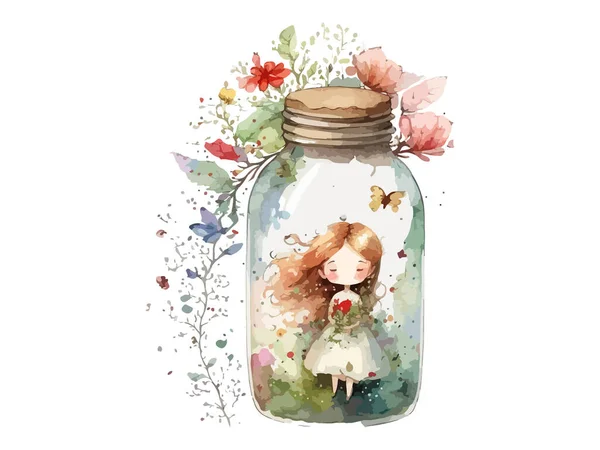 Fairy Bottle Decorated Flowers Watercolor Vector Illustration — Stock Vector