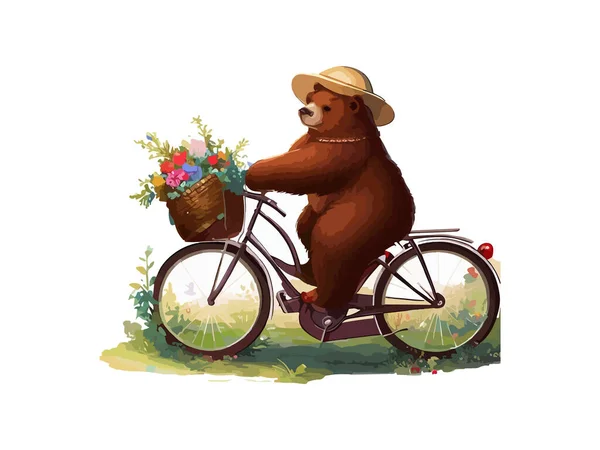 Ведмідь Їде Велосипеді Квітковій Сільській Дорозі Ізольований Білому Тлі — стоковий вектор