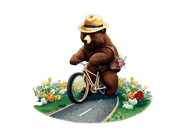 Медведь Велосипеде Цветочной Сельской Дороге Изолированные Белом Фоне — стоковый вектор