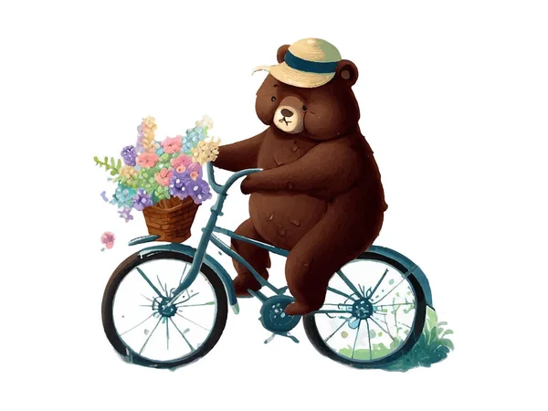 Urso Andando Bicicleta Estrada Floral Rural Isolado Fundo Branco — Vetor de Stock