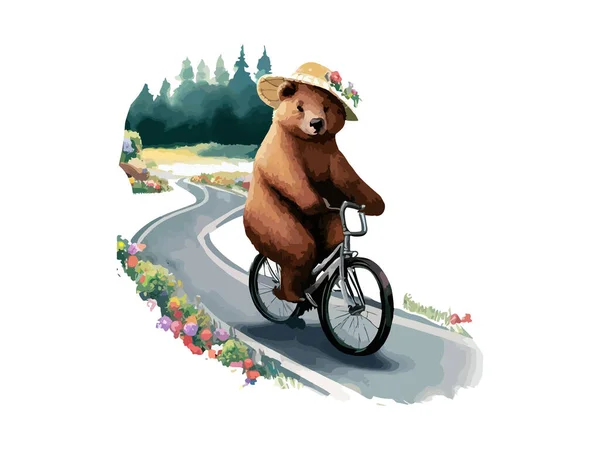 Медведь Велосипеде Цветочной Сельской Дороге Изолированные Белом Фоне — стоковый вектор