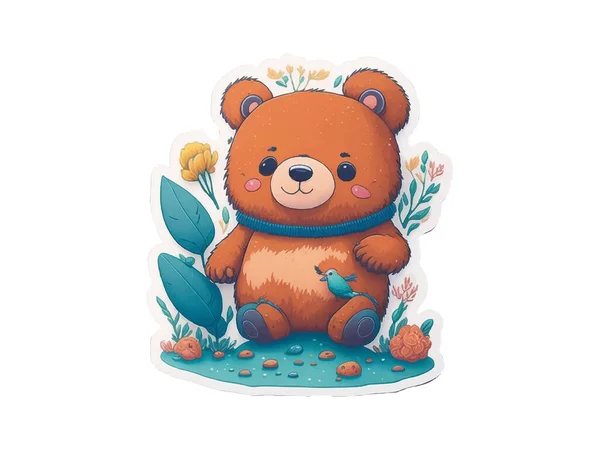 Χαριτωμένο Αρκουδάκι Καφέ Διανυσματική Απεικόνιση Διακοσμημένα Φύλλα Και Λουλούδια Που — Διανυσματικό Αρχείο