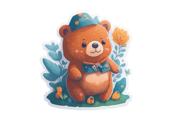 Милый Плюшевый Бурый Медведь Векторная Иллюстрация Украшена Листьями Цветами Белом — стоковый вектор