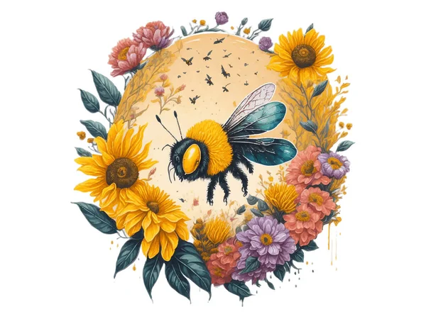 Watercolor Floral Honey Moon Flying Bee Sunflower Vector Illustration Isolated — Stock Vector
