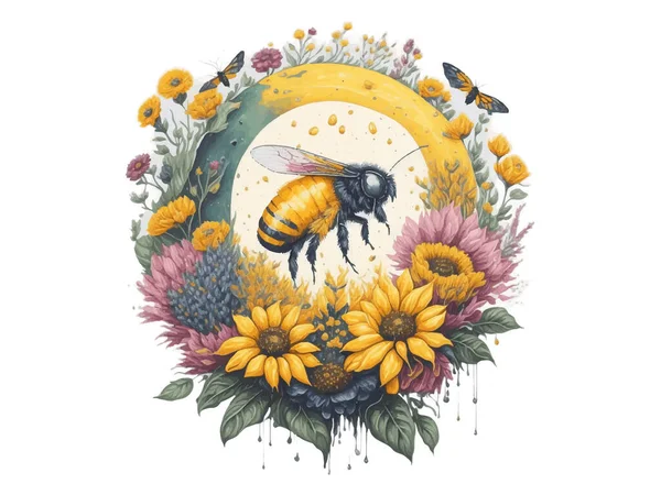白い背景に隔離された空飛ぶ蜂とひまわりと水彩花蜜ムーン ベクトルイラスト — ストックベクタ
