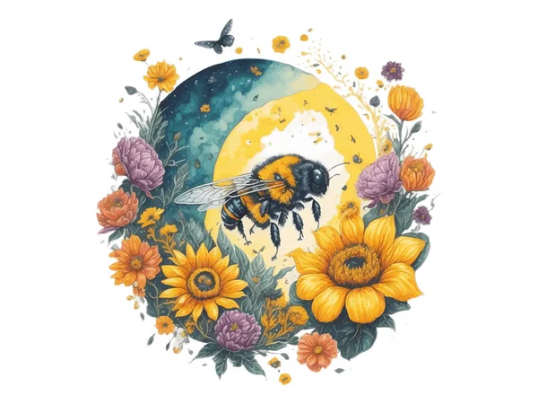 Watercolor Floral Honey Moon Flying Bee Sunflower Vector Illustration Isolated — Stock Vector
