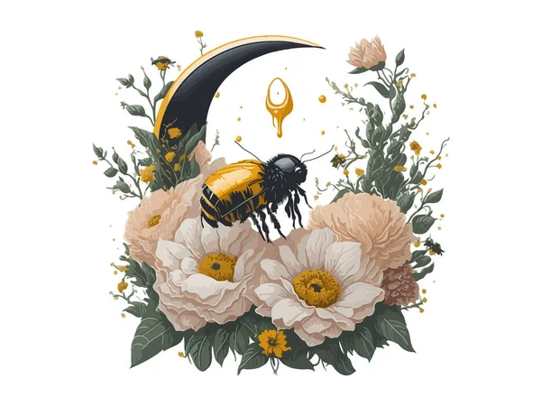 Акварель Квітковий Медовий Місяць Літаючою Бджолою Соняшником Векторна Ілюстрація Ізольовано — стоковий вектор