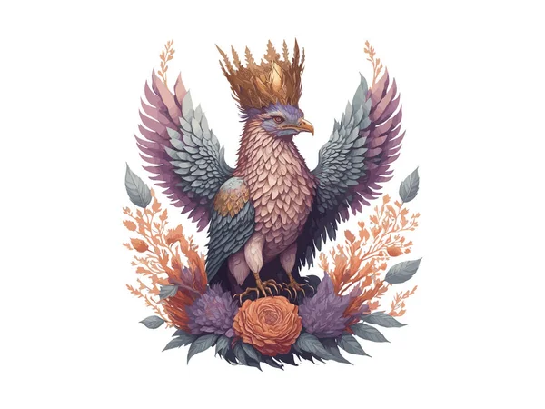 Adler Mit Königlicher Krone Vektorillustration Mit Blumen Verziert — Stockvektor