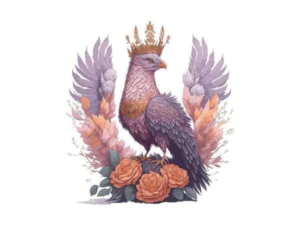 Adler Mit Königlicher Krone Vektorillustration Mit Blumen Verziert — Stockvektor