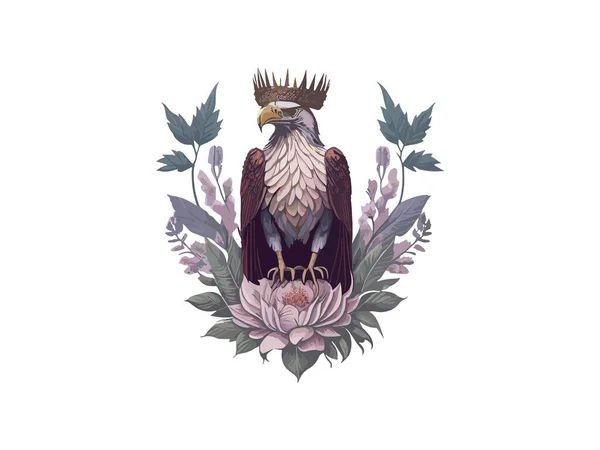 Орёл Королевской Короной Векторная Иллюстрация Украшена Цветами — стоковый вектор