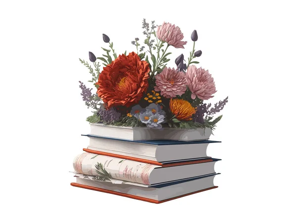 Vektor Illustration Böcker Dekorerade Med Blommor Isolerade Vit Bakgrund — Stock vektor