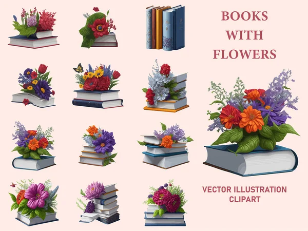 Libros Ilustración Vectorial Decorados Con Flores Aislados Fondo Blanco — Vector de stock