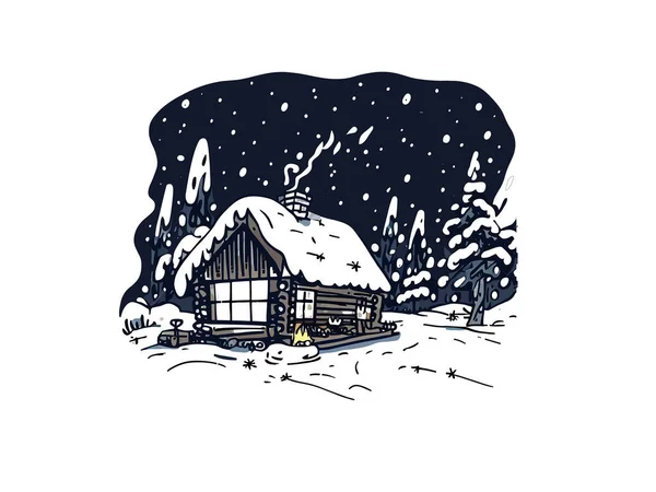 带雪森林小木屋水彩画 白色背景矢量悬崖峭壁图像 — 图库矢量图片