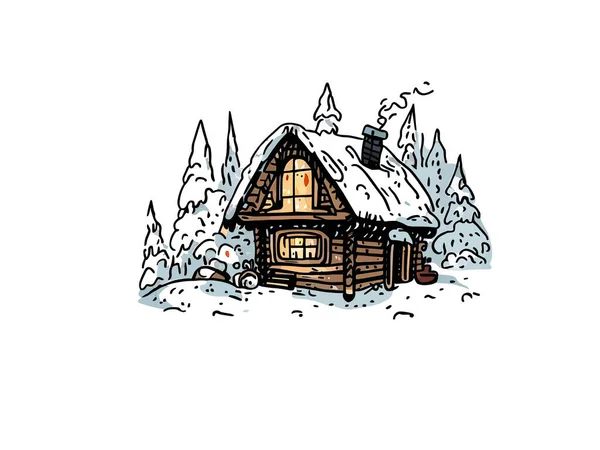 Aquarel Illustratie Van Hut Het Bos Met Sneeuw Vector Clipart — Stockvector