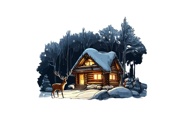 Акварельна Ілюстрація Кабіни Лісі Снігом Векторний Кліпарт Зображення Білому Тлі — стоковий вектор