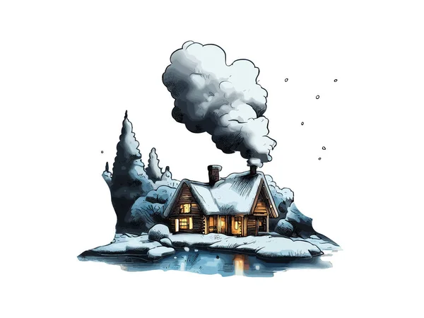 Karlı Ormandaki Kulübenin Suluboya Çizimi Beyaz Arkaplanda Vektör Klima Görüntüsü — Stok Vektör