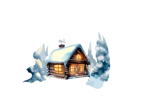 Illustrazione Acquerello Cabina Foresta Con Neve Immagine Vettoriale Clipart Sfondo — Vettoriale Stock