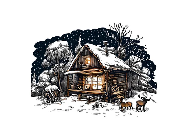 Akwarela Ilustracja Kabiny Lesie Śniegiem Wektor Clipart Obraz Białym Tle — Wektor stockowy