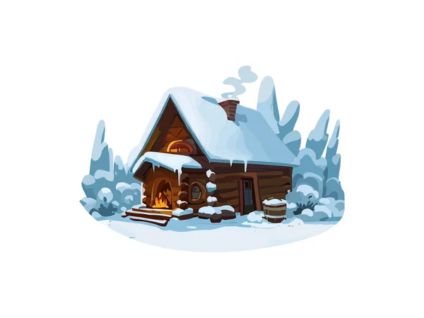 Karlı Ormandaki Kulübenin Suluboya Çizimi Beyaz Arkaplanda Vektör Klima Görüntüsü — Stok Vektör