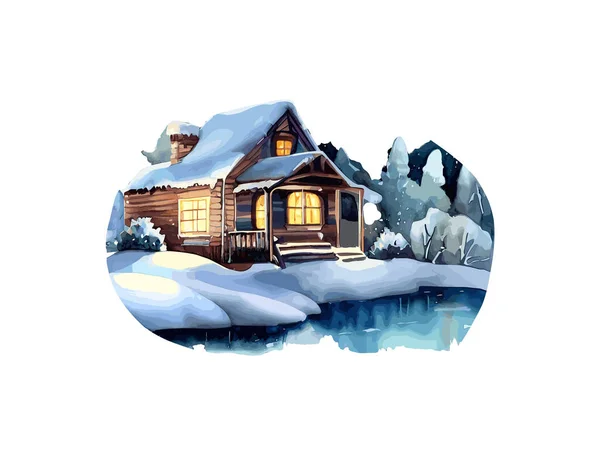 Акварельная Иллюстрация Кабины Лесу Снегом Векторное Клипартовое Изображение Белом Фоне — стоковый вектор