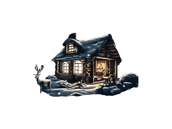Watercolor Ilustração Cabine Floresta Com Neve Imagem Clipart Vetor Fundo —  Vetores de Stock