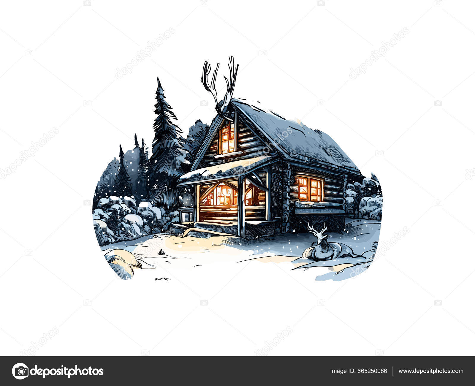 Akvarel Illustration Hytte Skov Med Sne Vektor Clipart Billede Hvid ...