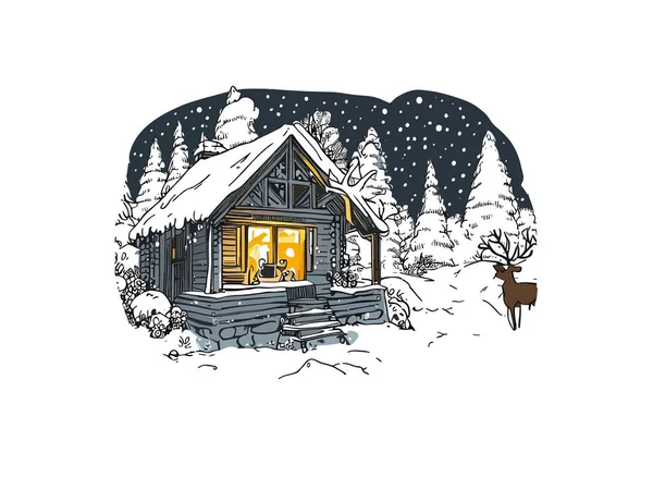 Aquarell Illustration Der Hütte Wald Mit Schnee Vektor Cliparts Bild — Stockvektor