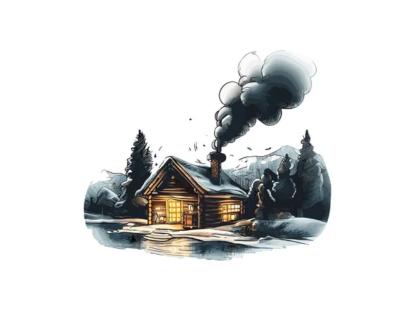 Aquarell Illustration Der Hütte Wald Mit Schnee Vektor Cliparts Bild — Stockvektor