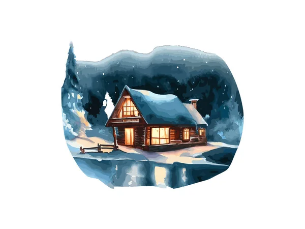 Illustrazione Acquerello Cabina Foresta Con Neve Immagine Vettoriale Clipart Sfondo — Vettoriale Stock