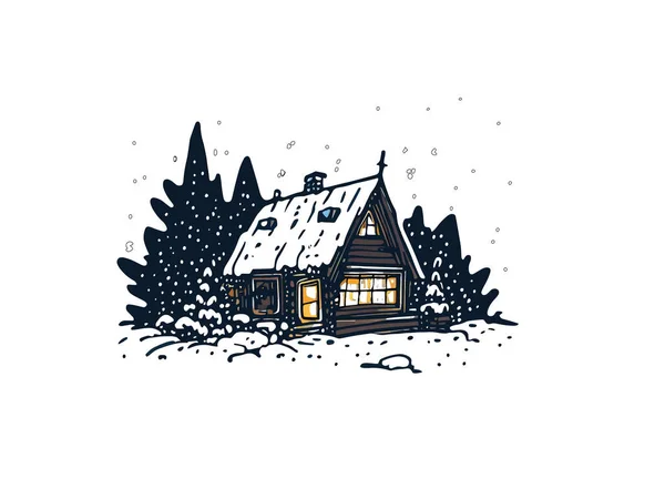 雪と森の中のキャビンの水彩イラスト 白い背景のベクトルクリップ画像 — ストックベクタ