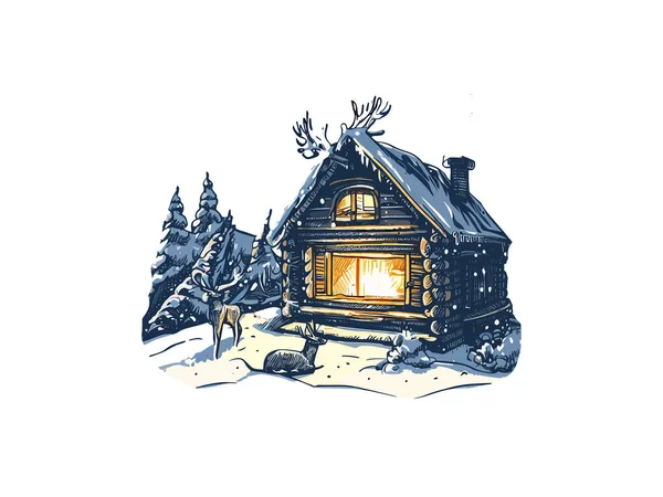 Akvarel Ilustrace Kabiny Lese Sněhem Vektorový Kliparty Obraz Bílém Pozadí — Stockový vektor