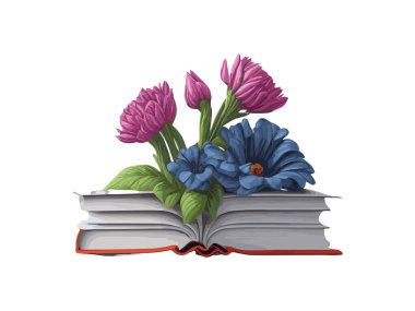 Çiçeklerle süslenmiş, beyaz arkaplanda izole edilmiş Vektör İllüstrasyon Kitapları