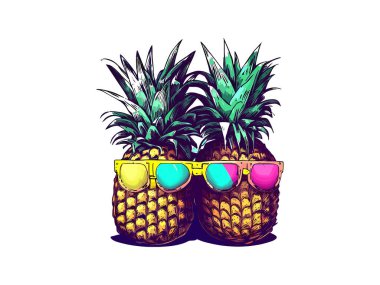 Eski tarz, Vector Illustration ananas, yaz konsepti, kawaii, beyaz arka planda izole edilmiş.