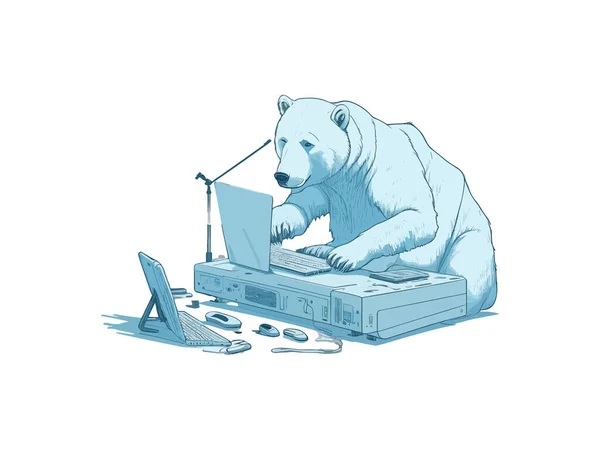 在笔记本电脑 商业和金融概念 媒介说明等领域工作的北极熊 — 图库矢量图片