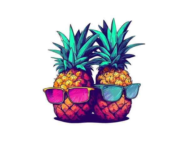 Vintage Style Vector Illustration Pineapple Summer Concept Kawaii Isolated White — Stock Vector