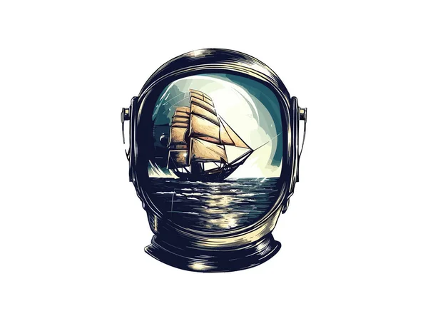 Old Sailing Ship Reflection Helmet Astronomy — Stock Vector