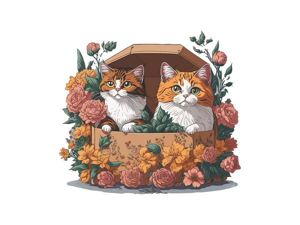 Симпатичная Иллюстрация Cat Vector Коробке Украшенной Цветами — стоковый вектор