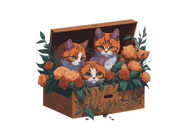Şirin Kedi Vektörü Çizimi Çiçeklerle Süslenmiş Kutuda — Stok Vektör
