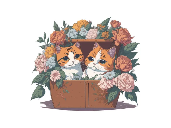 Şirin Kedi Vektörü Çizimi Çiçeklerle Süslenmiş Kutuda — Stok Vektör