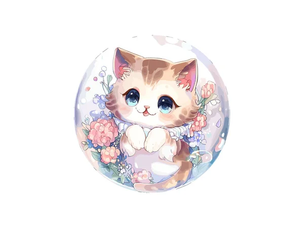 Cute Cat Vector Ilustração Com Flores Bolha Redonda — Vetor de Stock