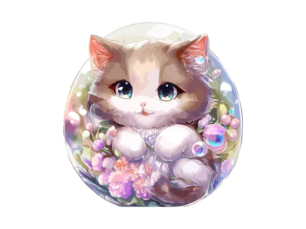Cute Cat Vector Illustration Flowers Bubble — Stock Vector