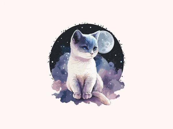 Симпатичная Иллюстрация Cat Vector Украшенная Цветами Космическом Фоне — стоковый вектор