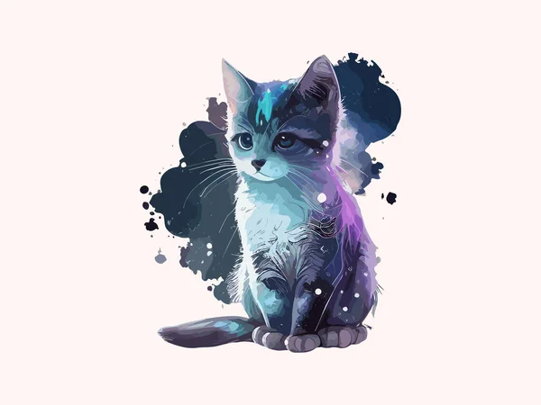 Cute Cat Vector Illustration Decorated Flowers Cosmic Background — Stock Vector