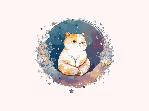 Söt Katt Vektor Illustration Dekorerad Med Blommor Kosmisk Bakgrund — Stock vektor