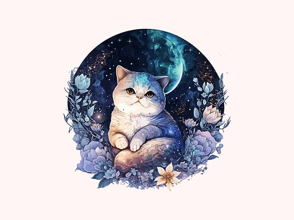 Nette Katze Vector Illustration Dekoriert Mit Blumen Kosmischen Hintergrund — Stockvektor